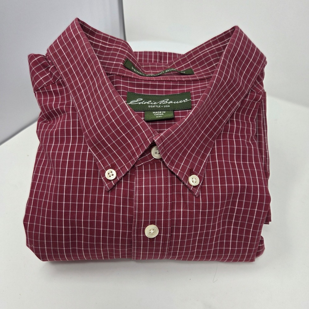 Eddie Bauer Shirt Mens XXL Relaxed Fit Red Grid Button-down Wrinkle Resistant
